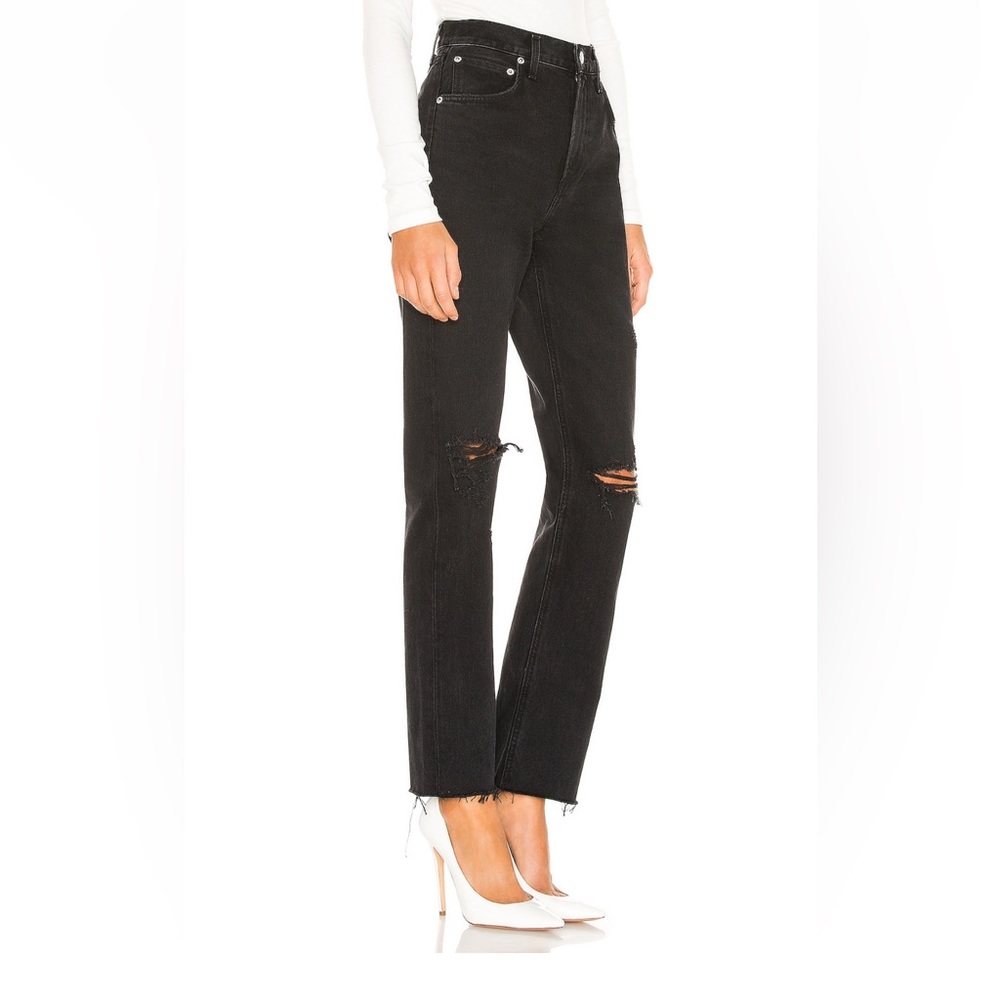 Agolde Black High-Rise Straight Jeans with Knee Rips